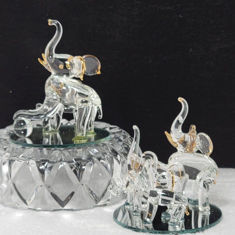 Vintage Handblown Art Glass Elephant Figurines with Gold Accents Set of 2